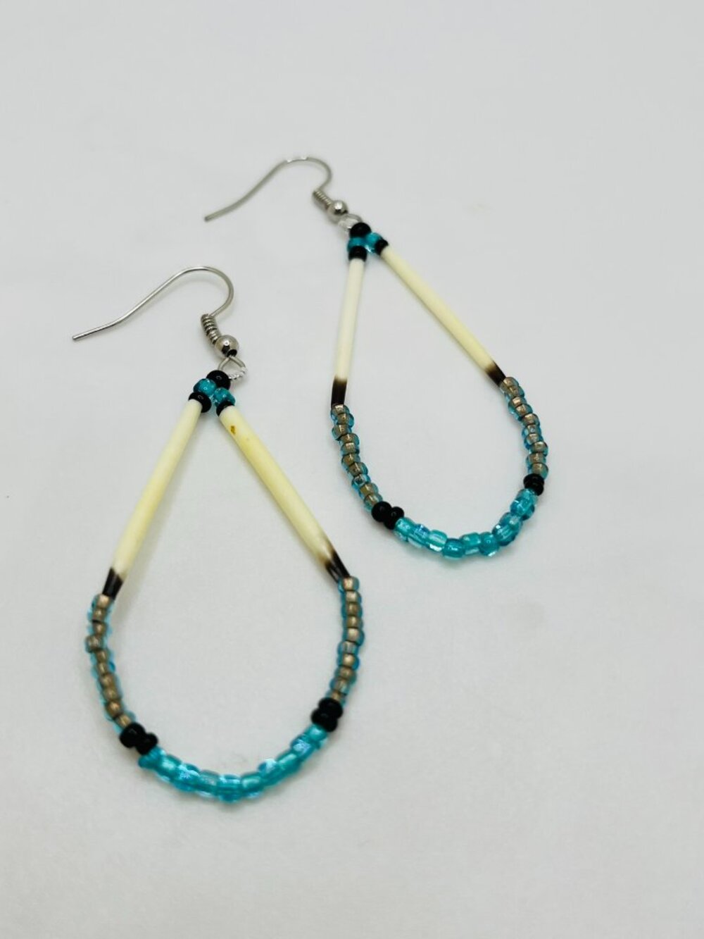 Beaded Porcupine Quill Earrings Turquoise and Black - Handmade Native